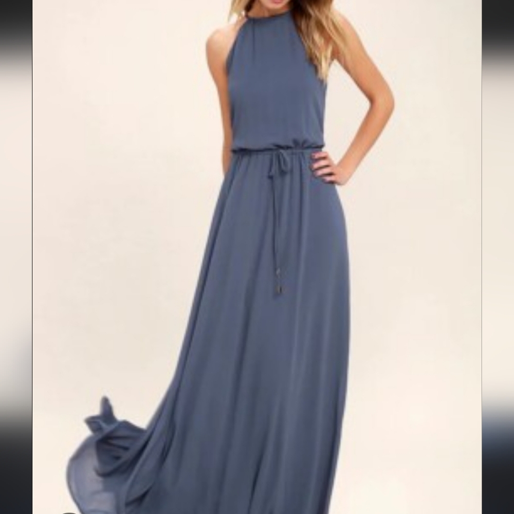 Lulu's Event Pewter Gray Blue Maxi Halter Dress
